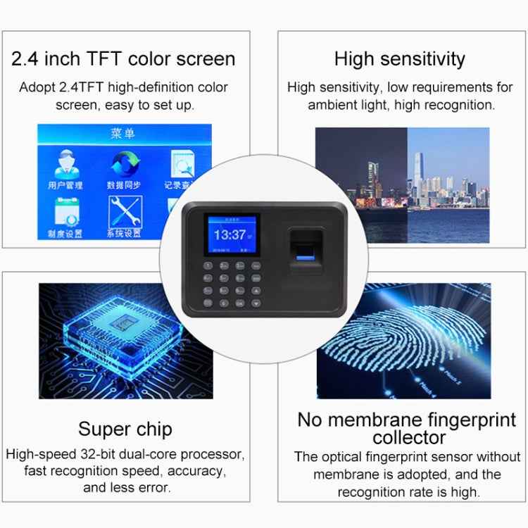 F01 Fingerprint Time Attendance Machine with 2.4 inch TFT Screen, US Plug