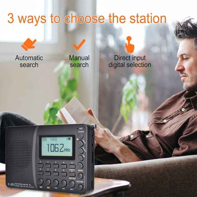 K-603 Portable FM / AM / SW Full Band Stereo Radio, Support BT & TF Card