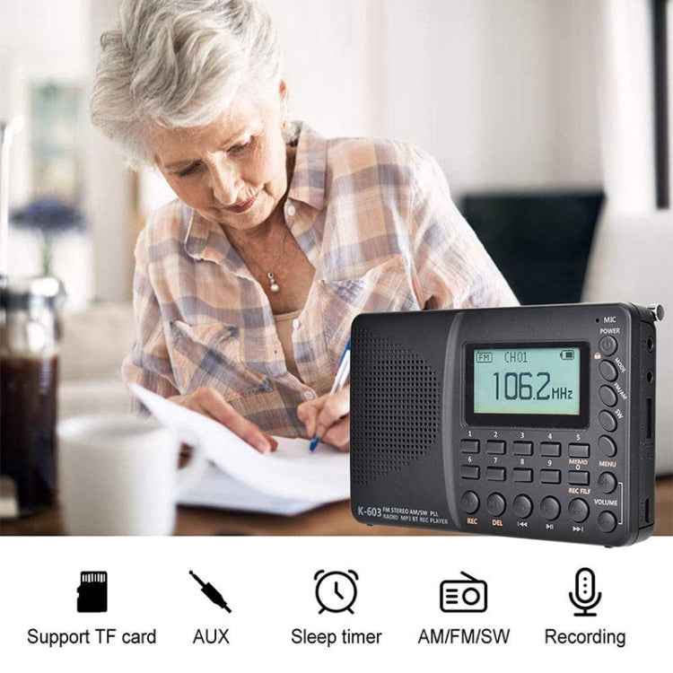 K-603 Portable FM / AM / SW Full Band Stereo Radio, Support BT & TF Card