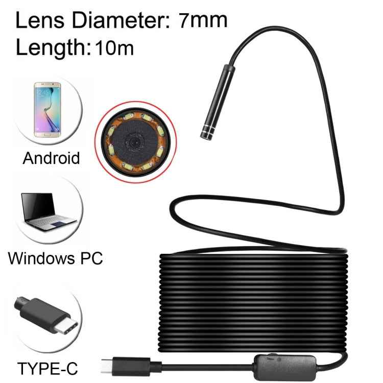 AN97 USB-C / Type-C Endoscope Waterproof IP67 Tube Inspection Camera with 8 LED & USB Adapter, Length: 10m, Lens Diameter: 7mm