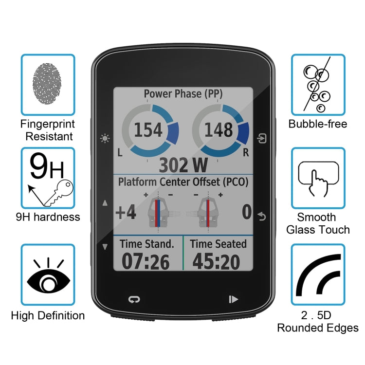Protection d'écran en verre trempé 0,26 mm 2,5D 9H pour Garmin Edge 520 Plus