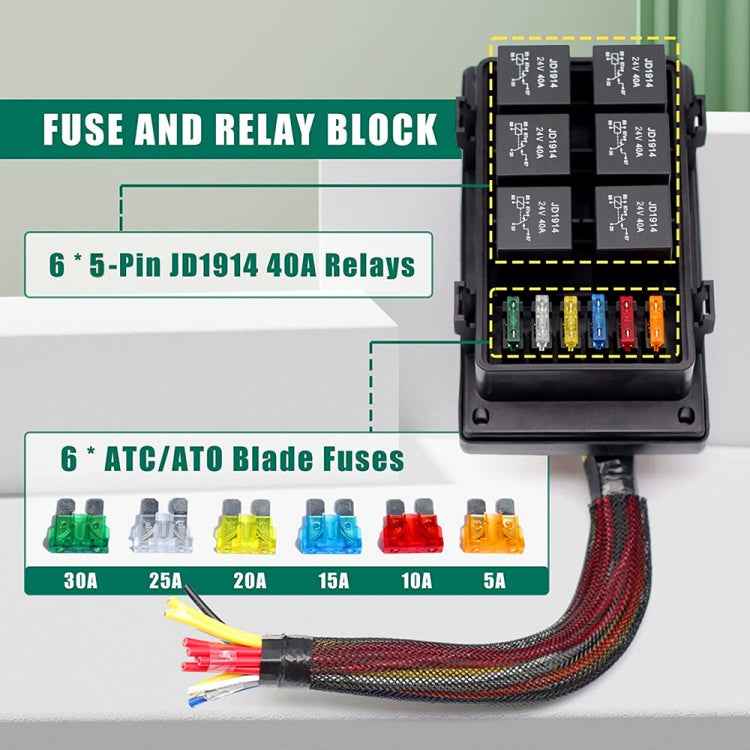 24V 5 Pin Car 6 Slots Waterproof Relay Fuse Box with Cable, 24V 5 Pin