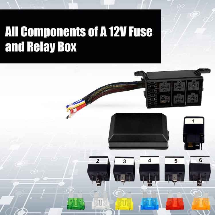 12V 5 Pin Car 6 Slots Waterproof Relay Fuse Box with Cable, 12V