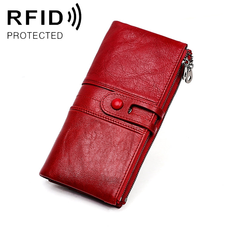 3520 Long Cowhide Leather Folding Anti-magnetic RFID Wallet for Ladies, with Card Slots, 3520 Black, 3520 Coffee, 3520 Blue, 3520 Red, 3520 Yellowish-brown
