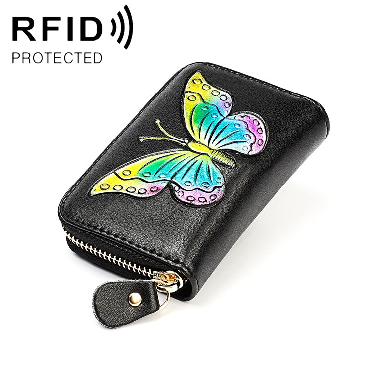 KB152 Butterfly Pattern Zipper Cowhide Leather Organ Shape Multiple Card Slots Anti-magnetic RFID Wallet for Ladies, KB152 Silver, KB152 Colour, KB152 Blue, KB152 Purple