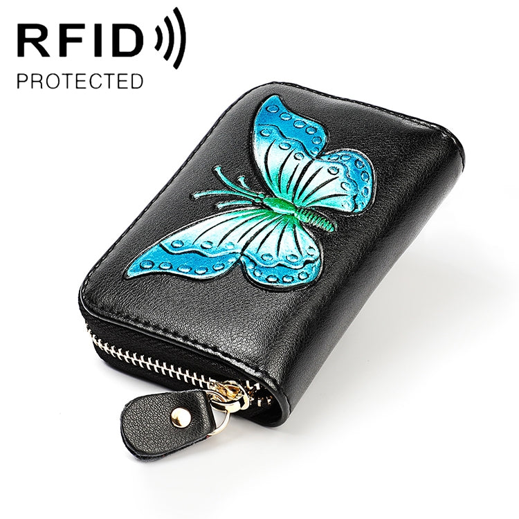 KB152 Butterfly Pattern Zipper Cowhide Leather Organ Shape Multiple Card Slots Anti-magnetic RFID Wallet for Ladies, KB152 Silver, KB152 Colour, KB152 Blue, KB152 Purple