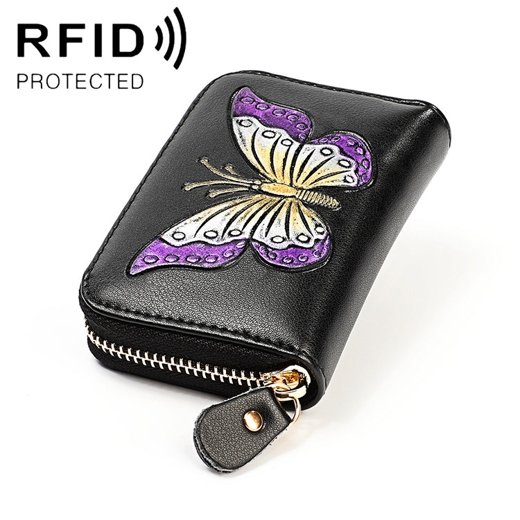 KB152 Butterfly Pattern Zipper Cowhide Leather Organ Shape Multiple Card Slots Anti-magnetic RFID Wallet for Ladies, KB152 Silver, KB152 Colour, KB152 Blue, KB152 Purple