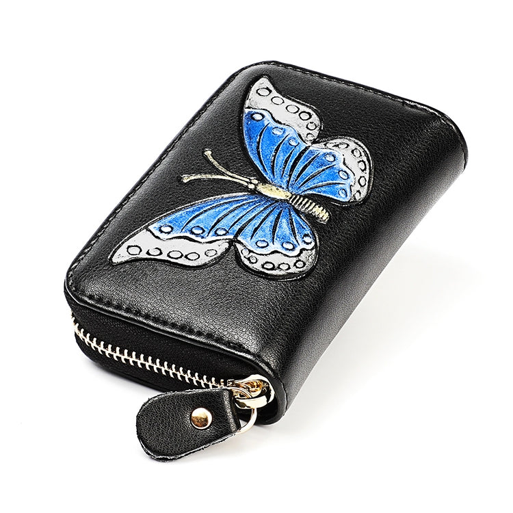 KB152 Butterfly Pattern Zipper Cowhide Leather Organ Shape Multiple Card Slots Anti-magnetic RFID Wallet for Ladies, KB152 Silver, KB152 Colour, KB152 Blue, KB152 Purple