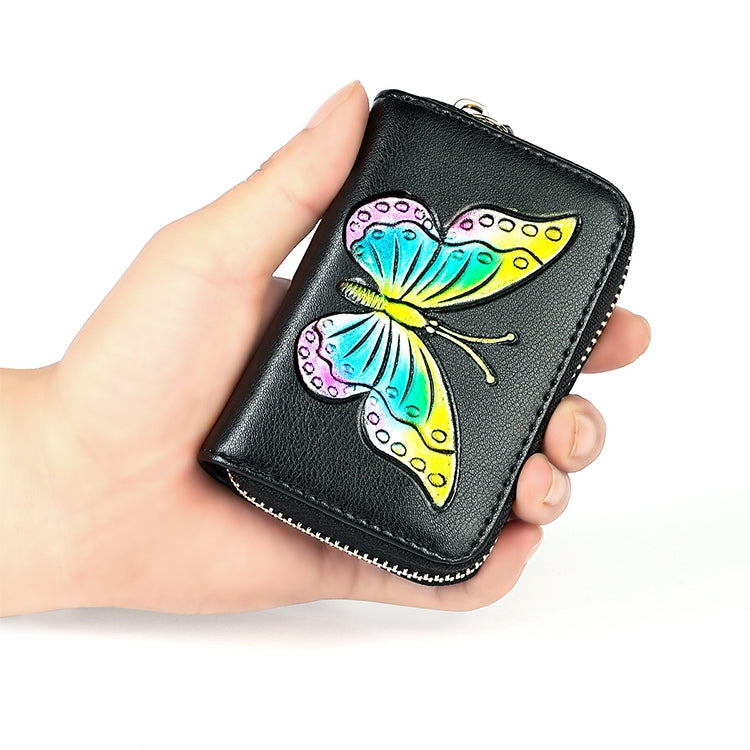 KB152 Butterfly Pattern Zipper Cowhide Leather Organ Shape Multiple Card Slots Anti-magnetic RFID Wallet for Ladies, KB152 Silver, KB152 Colour, KB152 Blue, KB152 Purple
