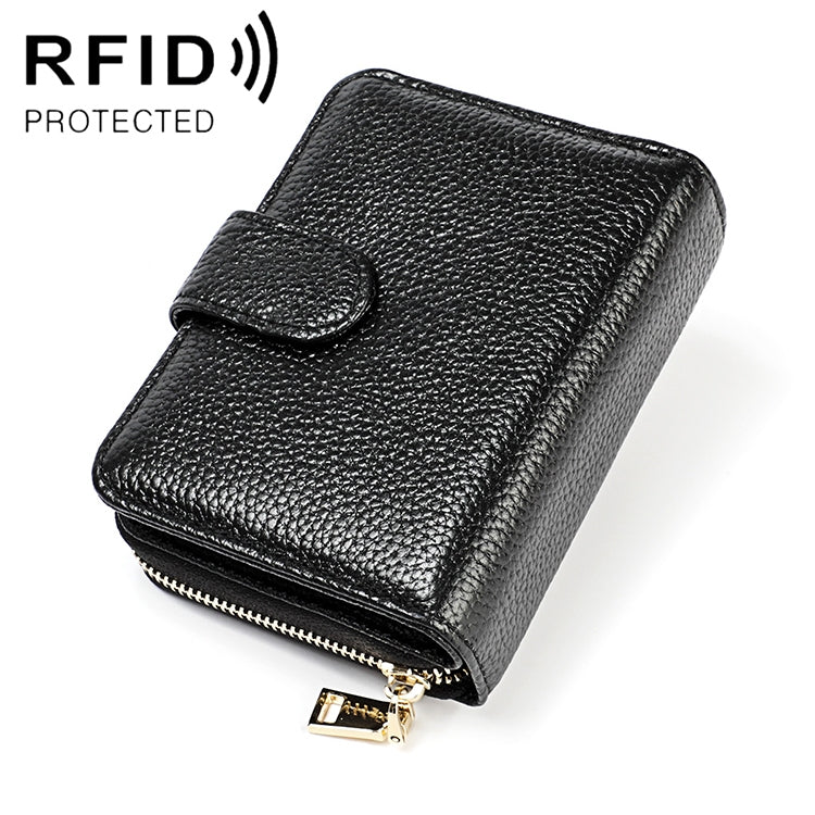 KB192 Buckle Zipper Cowhide Leather Organ Shape Multiple Card Slots Anti-magnetic RFID Wallet Clutch Bag for Men, KB192 Black