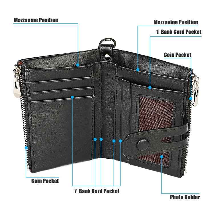 LT3529 Retro Crazy Horse Texture Double Zipper Anti-magnetic RFID Chain Wallet with Card Slots