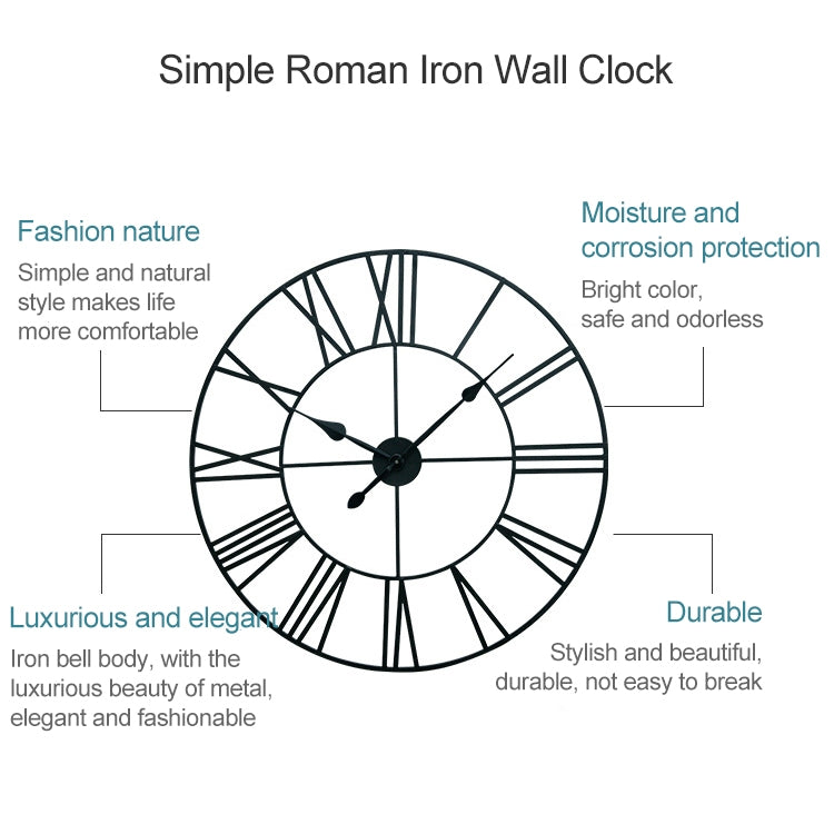 60cm Retro Living Room Iron Round Roman Numeral Mute Decorative Wall Clock, 60cm