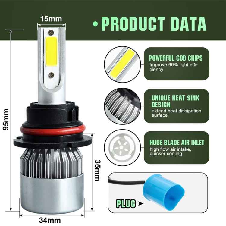 2pcs 9007 18W 1800LM 6000K Waterproof IP68 Car Auto LED Headlight with 2 COB LED Lamps, DC 9-36V