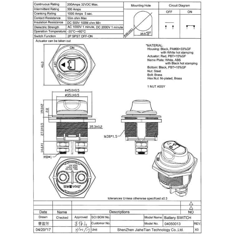 Jtron On/Off Car Battery Switch Car Battery Master Switch MAX DC 32V 200A CONT 300A INT Use for Cars / Off-road Vehicle / Truck