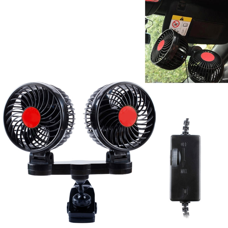 HUXIN HX-T606E 12W 360 Degree Adjustable Rotation Clip Two Head Low Noise Mini Electric Car Fan with Roller Switch, DC24V, HX-T606E