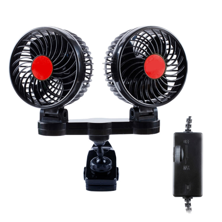 HUXIN HX-T606E 12W 360 Degree Adjustable Rotation Clip Two Head Low Noise Mini Electric Car Fan with Roller Switch, DC24V, HX-T606E