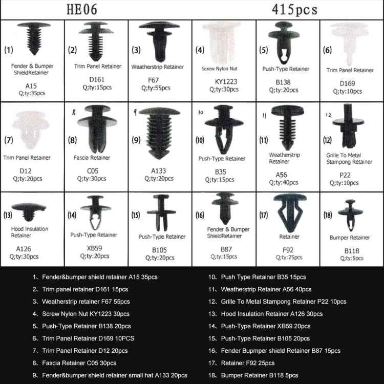 415 PCS Car Retainer Clips Assortment Car Panel Trim Plastic Fasteners Rivet Clips Set