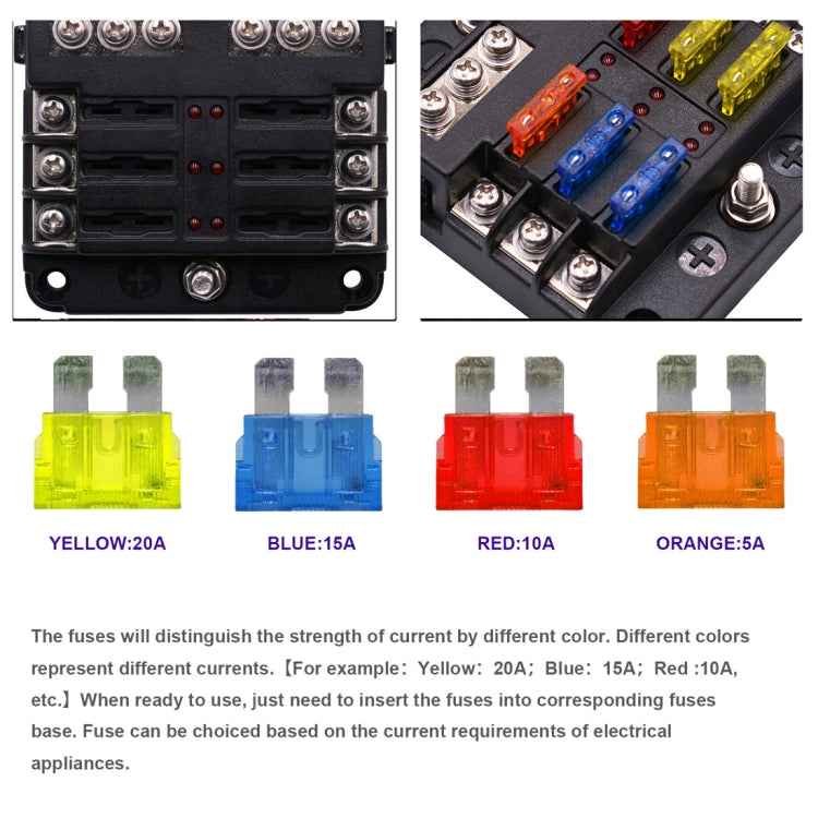 Independent Positive and Negative 1 in 6 Out 6 Way Circuit Blade Fuse Box Fuse Holder Kits with LED Warning Indicator for Auto Car Truck Boat