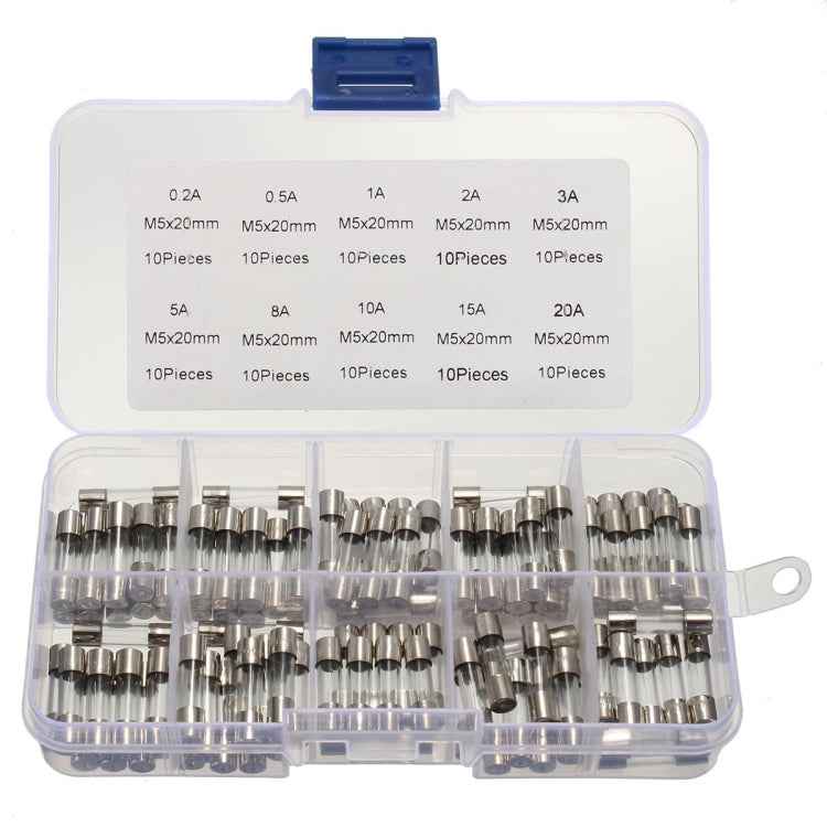 100 PCS 5 x 20mm Fuse Assorted Kits Glass Fuses Tube 0.2A 0.5A 1A 2A 3A 5A 8A 10A 15A 20A
