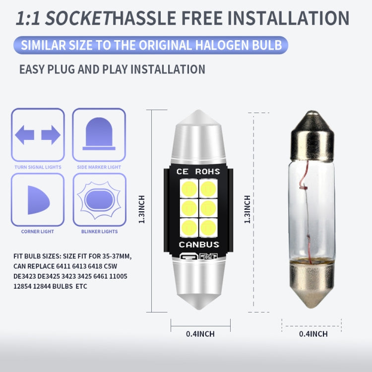 2 PCS 36mm DC12V-24V 3W 6000K 660LM 6LEDs SMD-3030 Car Reading Lamp / License Plate Light, 36mm (3W)