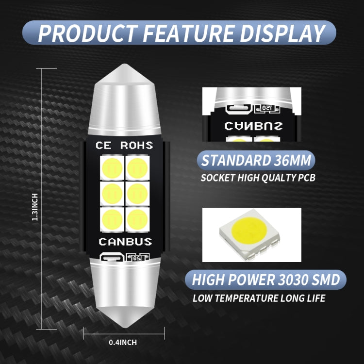 2 PCS 36mm DC12V-24V 3W 6000K 660LM 6LEDs SMD-3030 Car Reading Lamp / License Plate Light, 36mm (3W)