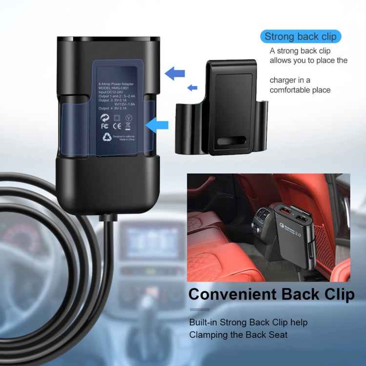 HMQ-C801 1.8m 8A Max 4 Ports USB Car Charger with Extending USB HUB for Front & Back Seat Charging