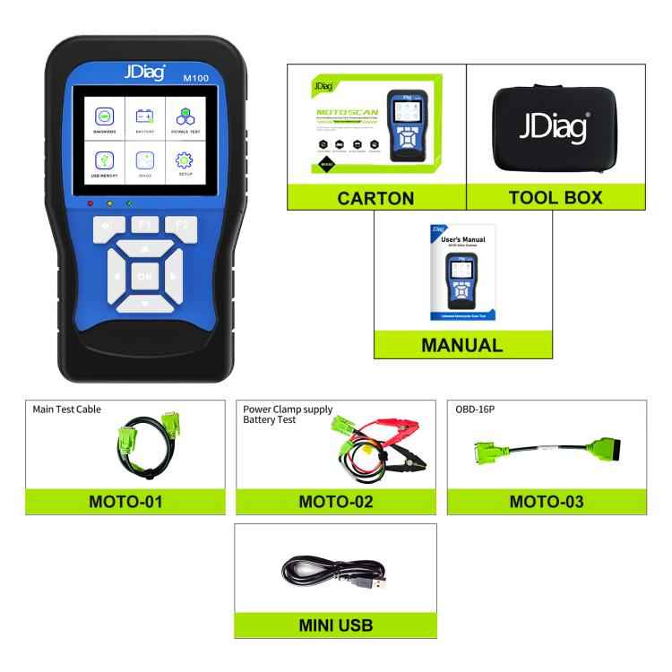 JDiag M100 Motorcycles 2 in1 OBD Scanner Battery Tester, Simplified Version
