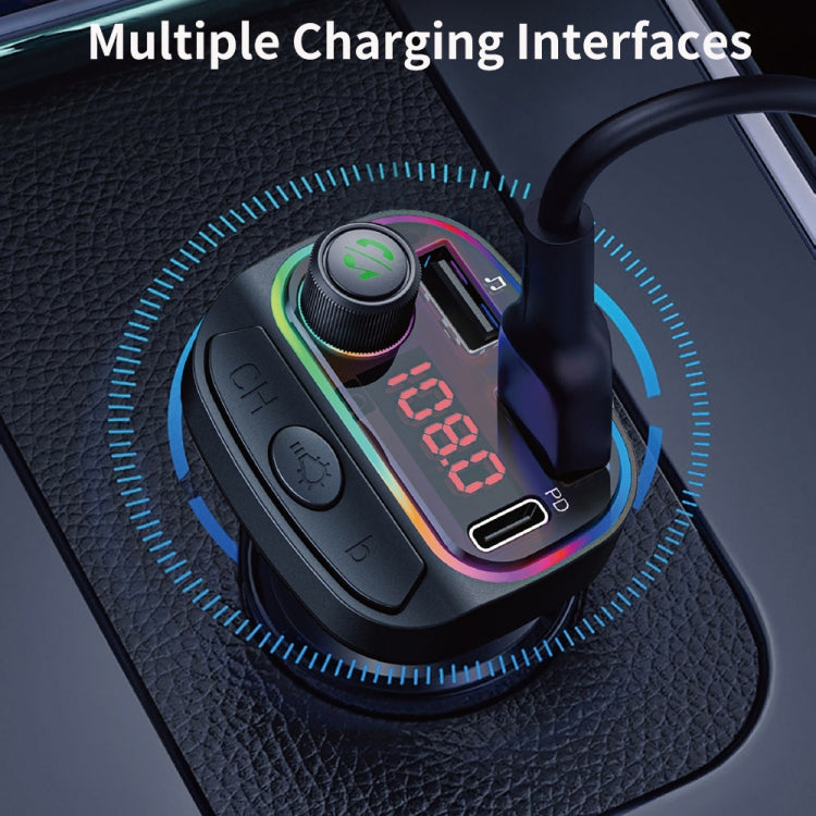 C14 Multifunctional Car Dual QC3.0+PD18W USB Charger Bluetooth FM Transmitter with Atmosphere Light, C14