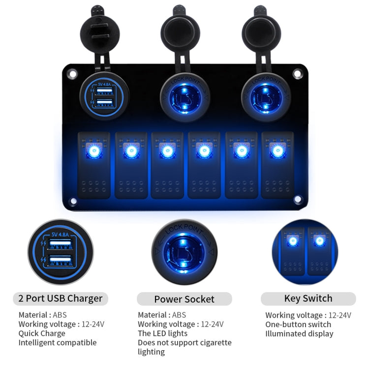 Multi-functional Combination Switch Panel 12V / 24V 6 Way Switches + Dual USB Charger for Car RV Marine Boat, 6 Way (Blue Light), 6 Way (Green Light), 6 Way (Red Light)