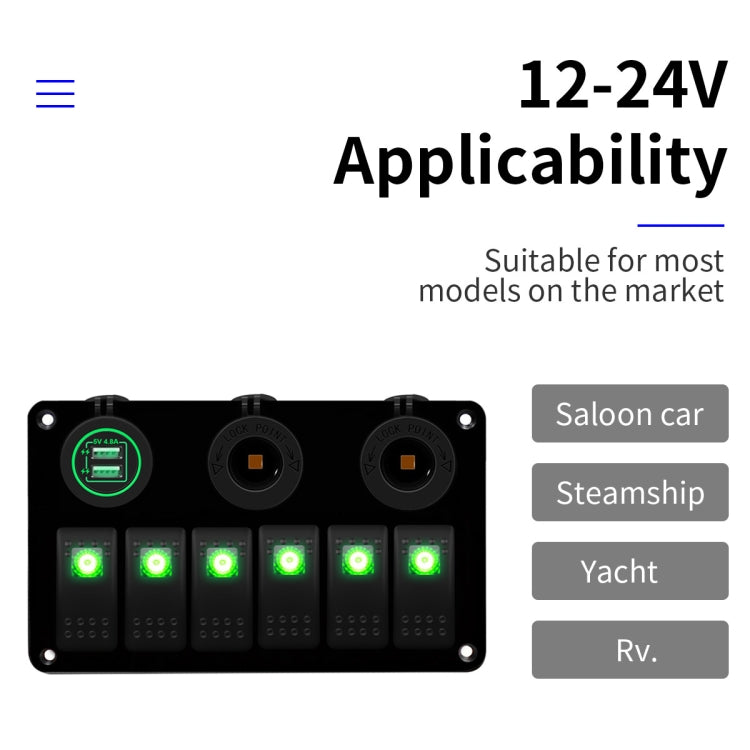 Multi-functional Combination Switch Panel 12V / 24V 6 Way Switches + Dual USB Charger for Car RV Marine Boat, 6 Way (Red Light), 6 Way (Blue Light), 6 Way (Green Light)