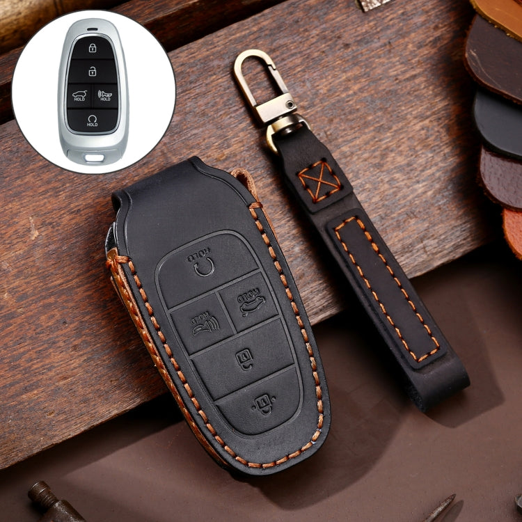 Hallmo Car Cowhide Leather Key Protective Cover Key Case for Hyundai 5-button, For Hyundai 5-button