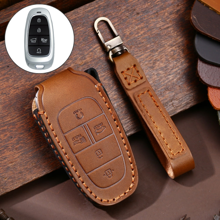 Hallmo Car Cowhide Leather Key Protective Cover Key Case for Hyundai 5-button