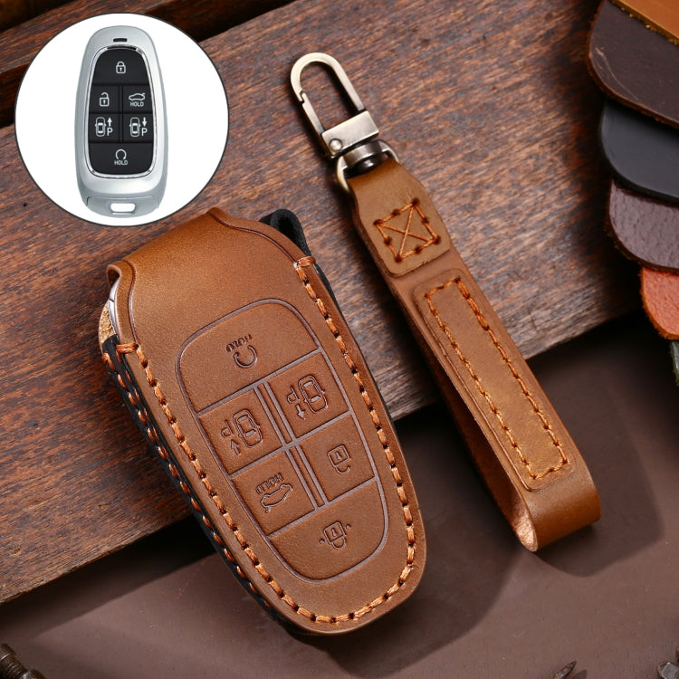 Hallmo Car Cowhide Leather Key Protective Cover Key Case for Hyundai 6-button