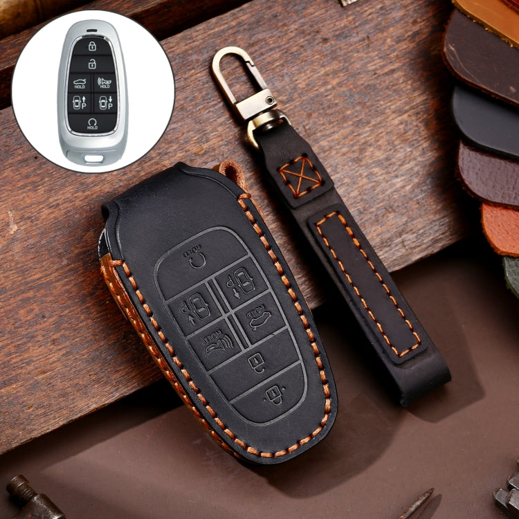 Hallmo Car Cowhide Leather Key Protective Cover Key Case for Hyundai 7-button