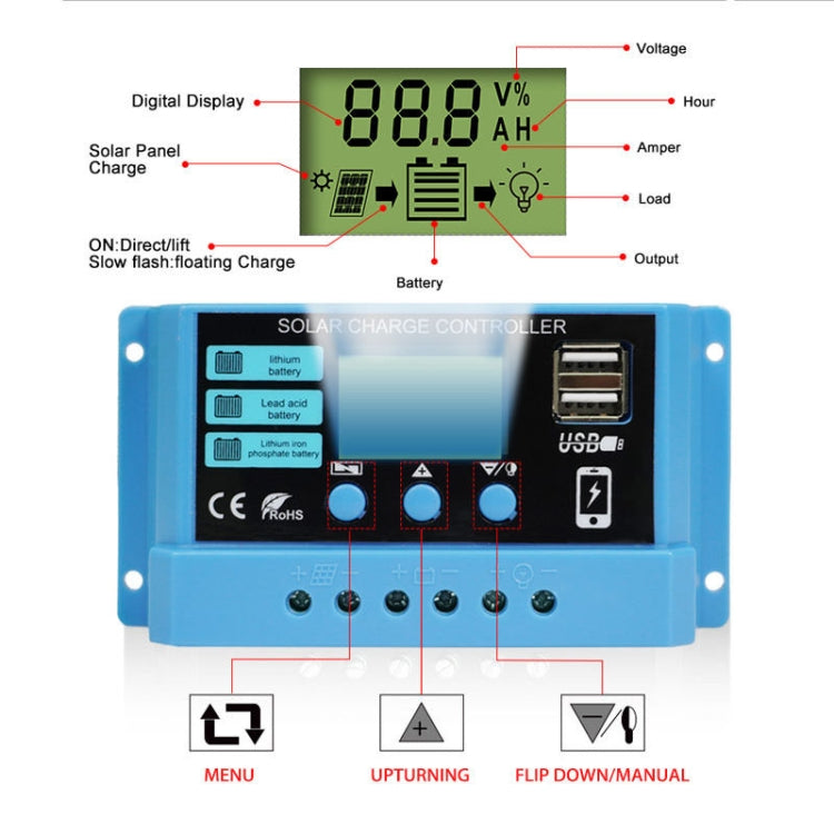 10A Solar Charge Controller 12V / 24V Lithium Lead-Acid Battery Charge Discharge PV Controller, 10A