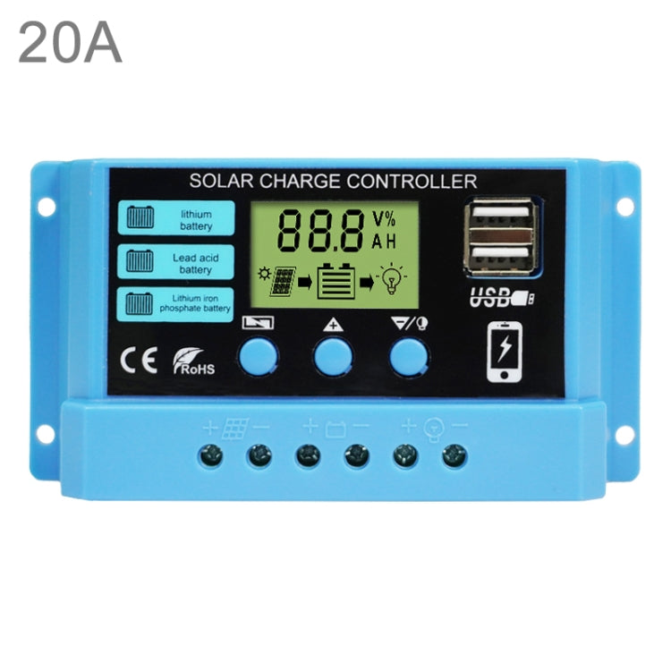 20A Solar Charge Controller 12V / 24V Lithium Lead-Acid Battery Charge Discharge PV Controller, 20A