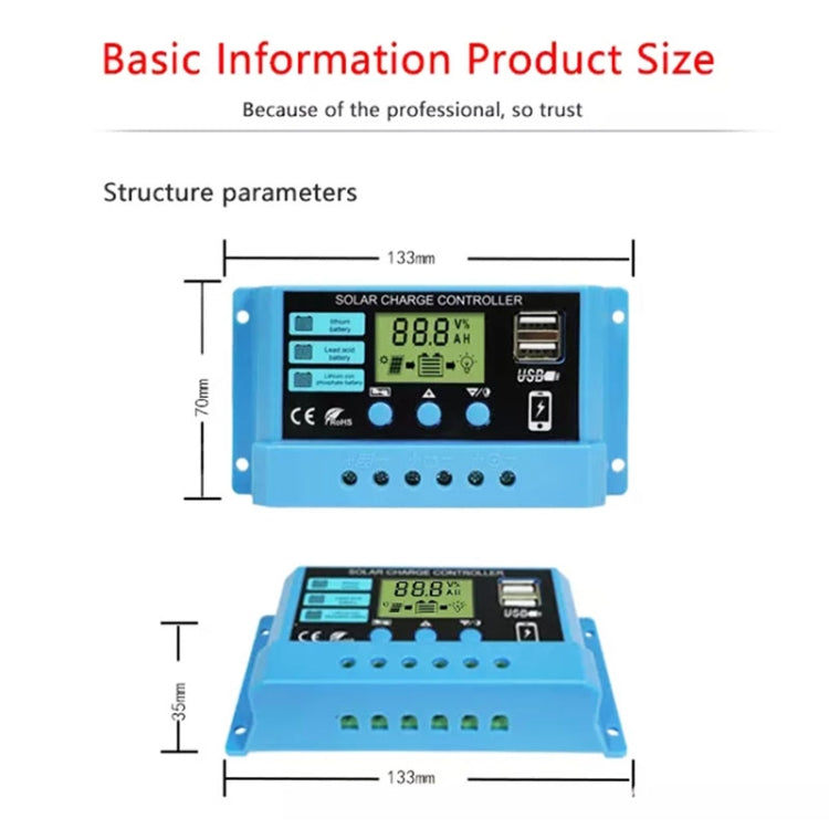 30A Solar Charge Controller 12V / 24V Lithium Lead-Acid Battery Charge Discharge PV Controller