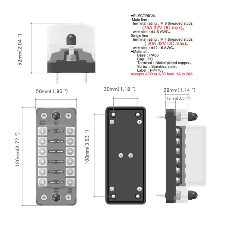 ZH-978A1 FB1901 1 In 6 Out 6 Ways Independent Positive Negative Fuse Box with 12 Fuses for Auto Car Truck Boat, ZH-978A1