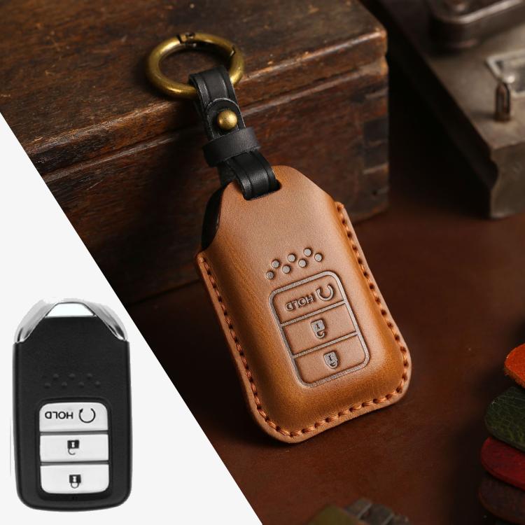 For Honda Car Cowhide Leather Key Protective Cover Key Case, Three Keys Start Version