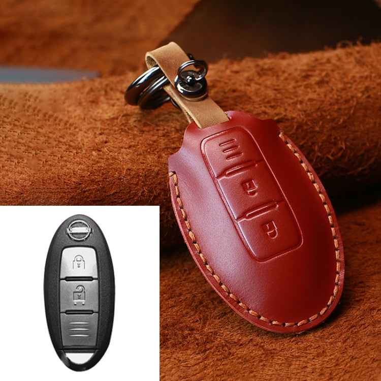 For Nissan Car Cowhide Leather Key Protective Cover Key Case, Three Keys Horizontal Line Version