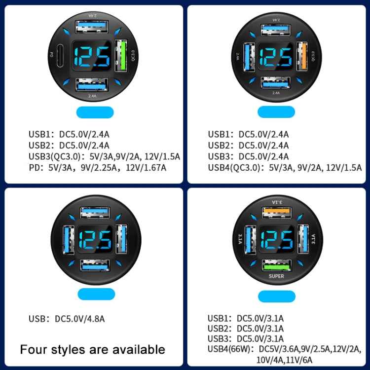 4 in 1 USB PD20W+QC3.0+2.4A Digital Display Car Fast Charger