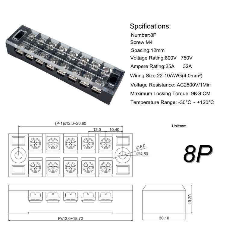 5 PCS Car 8-way 25A TB-2508 Dual Row Power Terminal Connector + 8-position Connection Strip with Cover