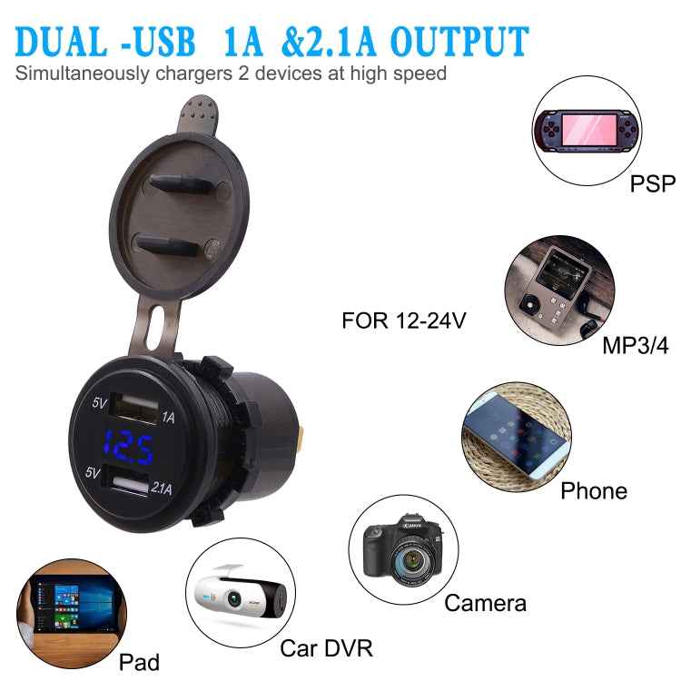 Universal Car Dual Port USB Charger Power Outlet Adapter 3.1A 5V IP66 with LED Digital Voltmeter + 60cm Cable, 3.1A Voltmeter + 60cm Cable(Blue Light), 3.1A Voltmeter + 60cm Cable(Green Light), 3.1A Voltmeter + 60cm Cable(Red Light)