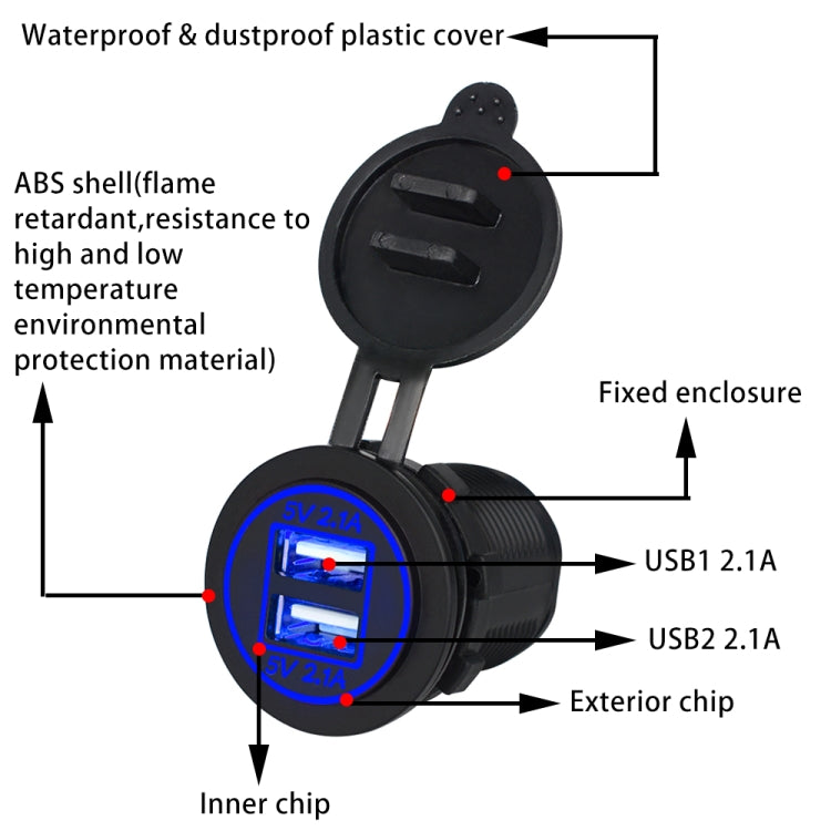 Universal Car Dual USB Charger Power Outlet Adapter 4.2A 5V IP66 with Aperture + 60cm Cable, 4.2A + 60cm Cable(Blue Light), 4.2A + 60cm Cable(Orange Light), 4.2A + 60cm Cable(Red Light)