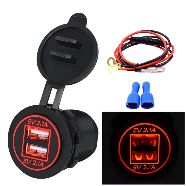 Universal Car Dual USB Charger Power Outlet Adapter 4.2A 5V IP66 with Aperture + 60cm Cable, 4.2A + 60cm Cable(Blue Light), 4.2A + 60cm Cable(Orange Light), 4.2A + 60cm Cable(Red Light)