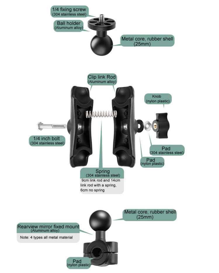 M10 9cm Connecting Rod Fixed Motorcycle Mount Holder with Tripod Adapter & Screw for GoPro, Insta360, DJI and Other Action Cameras