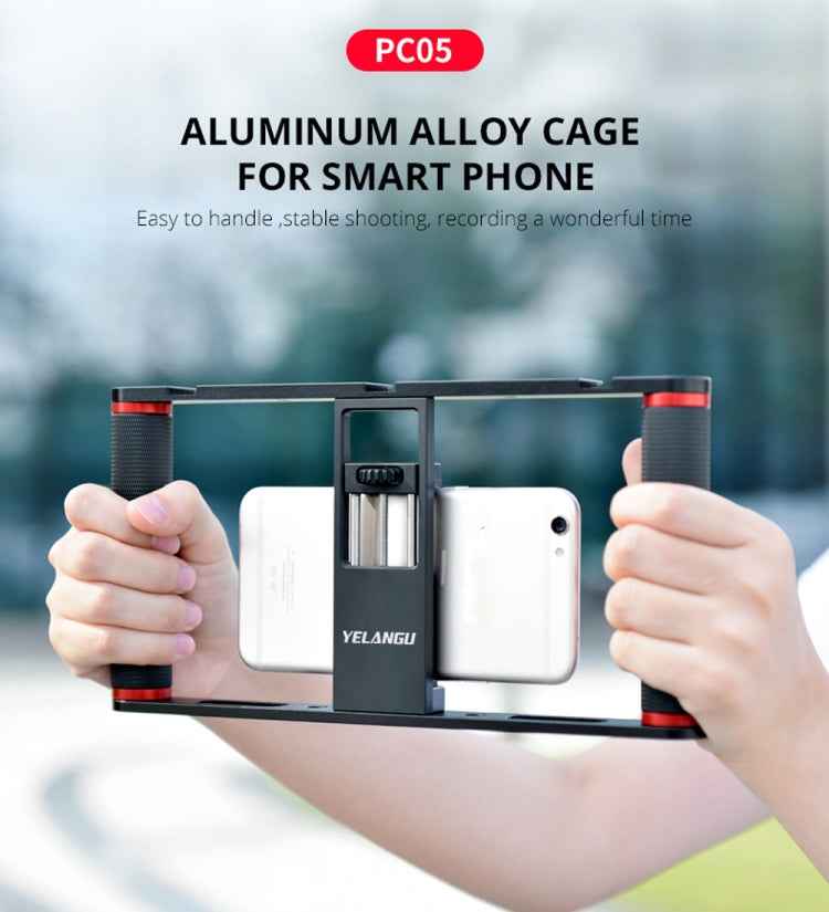 YELANGU PC05 YLG0909B Vlogging Live Broadcast Smartphone Metal Cage Video Rig Filmmaking Recording Handle Stabilizer Bracket for iPhone, Galaxy, Huawei, Xiaomi, HTC, LG, Google, and Other Smartphones