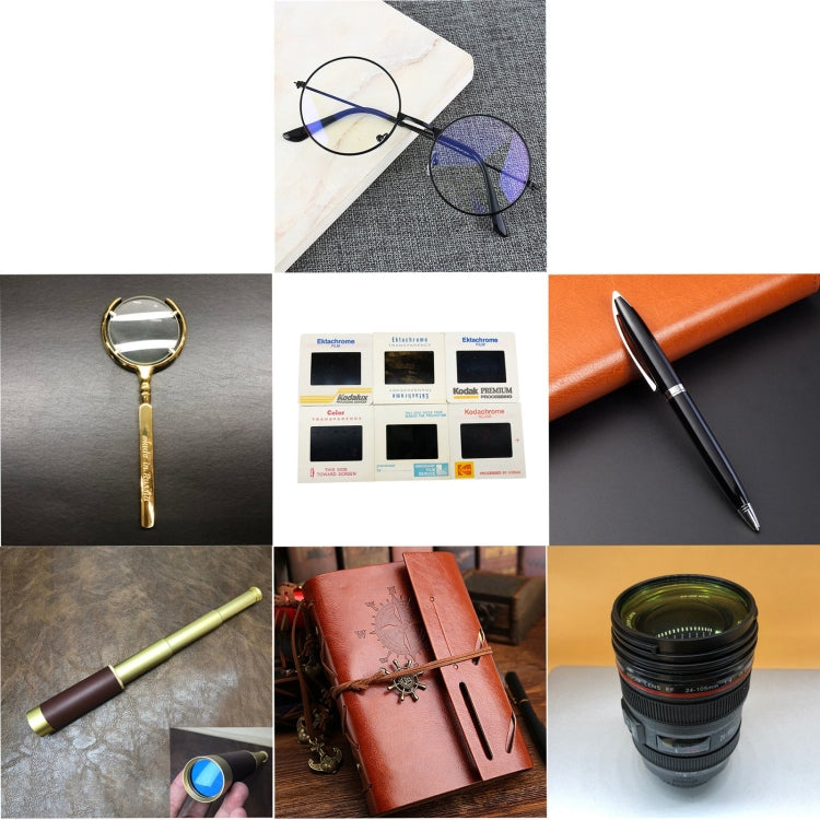 26 in 1 Non-Working Fake Dummy Camera Model for Leica + 3 x Camera Lens Models + Phone Model + Film Shell Models + Copper Compass + Metal Telescope + Metal Magnifier + Notebook + Glasses + Mat Desk Photo Studio Props