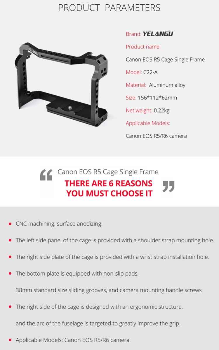 YELANGU C22-A YLG0334B-A Video Camera Cage Stabilizer for Canon EOS R5/R6/R