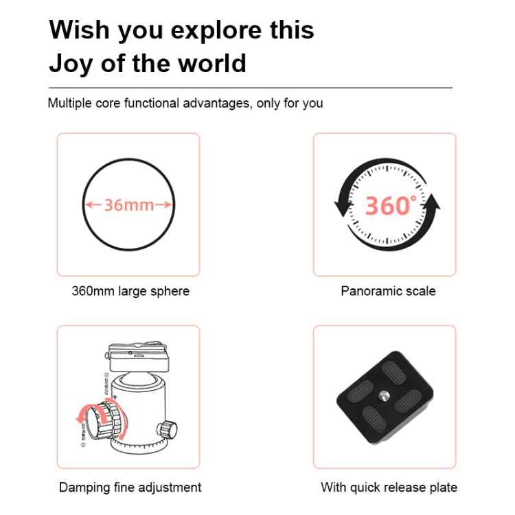 TRIOPO D-2A 360 Degree Rotation Aluminum Alloy Tripod 36mm Ball Head with Quick Release Plate